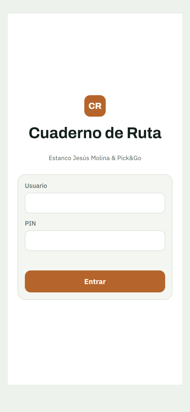 Pantalla de entrada con usuario y PIN