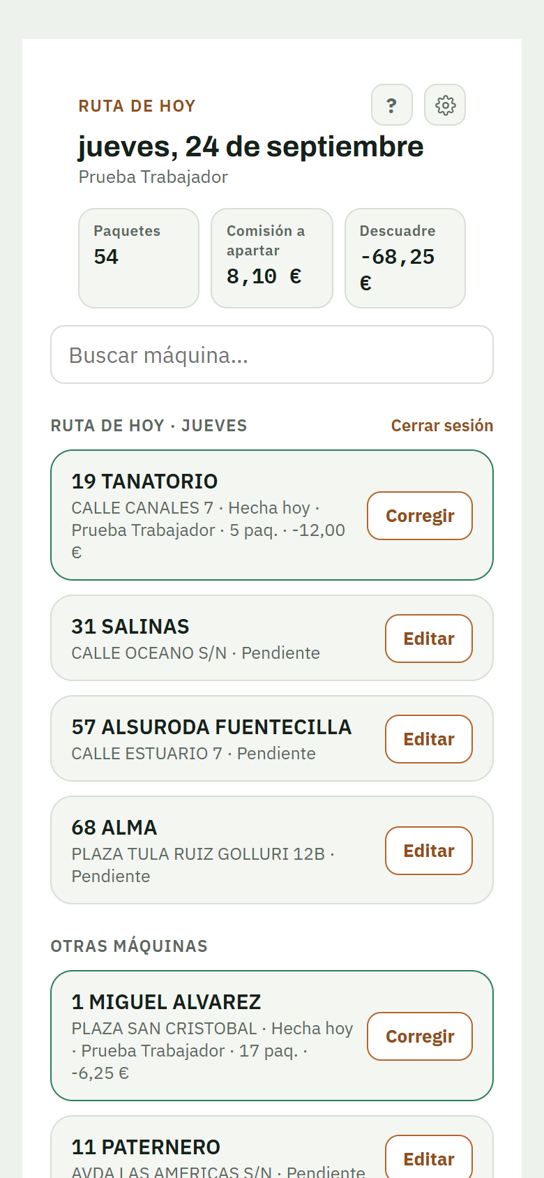 Pantalla principal con el resumen del día y las máquinas