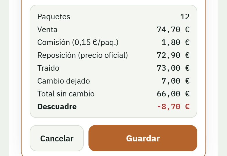 Resultado con venta, comisión y descuadre