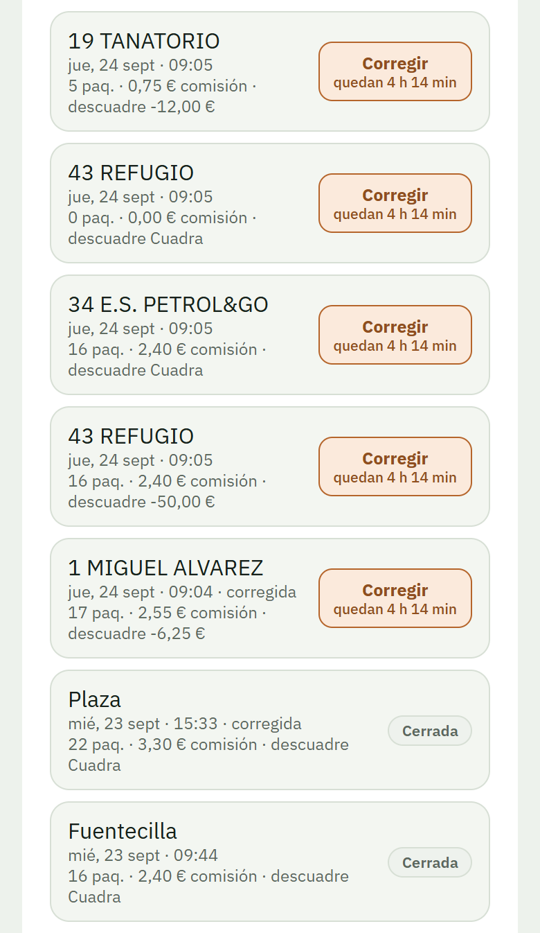 Lista de mis visitas con Corregir y Cerrada