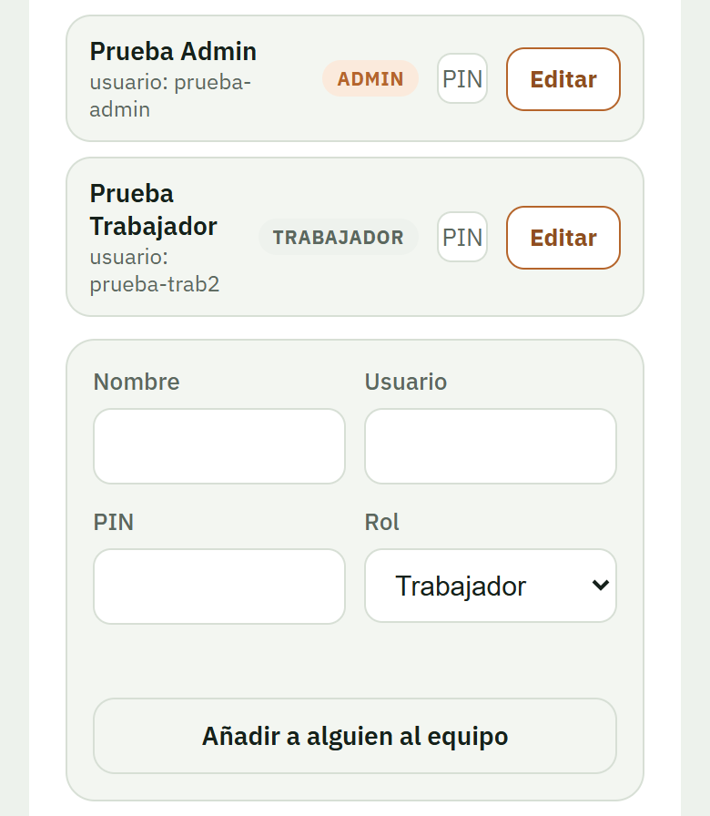 Lista del equipo y formulario para añadir